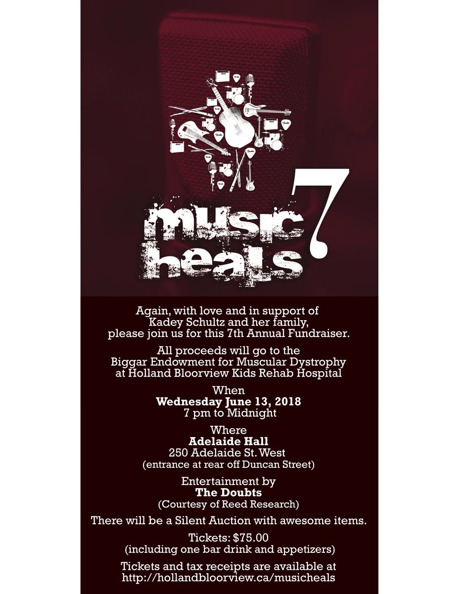 #MusicHeals7 has arrived! Held today in #Toronto at <a href="/adelaidehallTO/">Adelaide Hall</a> - expect a fun evening of live music, fellowship &amp; most importantly - all funds support the Biggar Endowment for Muscular Dystrophy <a href="/HBKidsHospital/">Holland Bloorview</a>. Buy tickets at the door or donate here: bit.ly/2JxpKn7