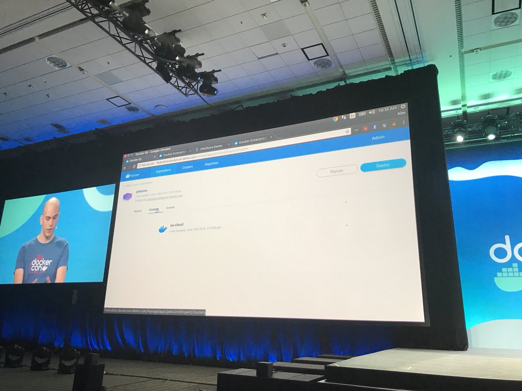 thaJeztah's tweet photo. Managing multiple clusters; migrate from on-prem to cloud with a single click! All from the Docker Enterprise Edition control pane #DockerCon https://t.co/u70pprEZQP