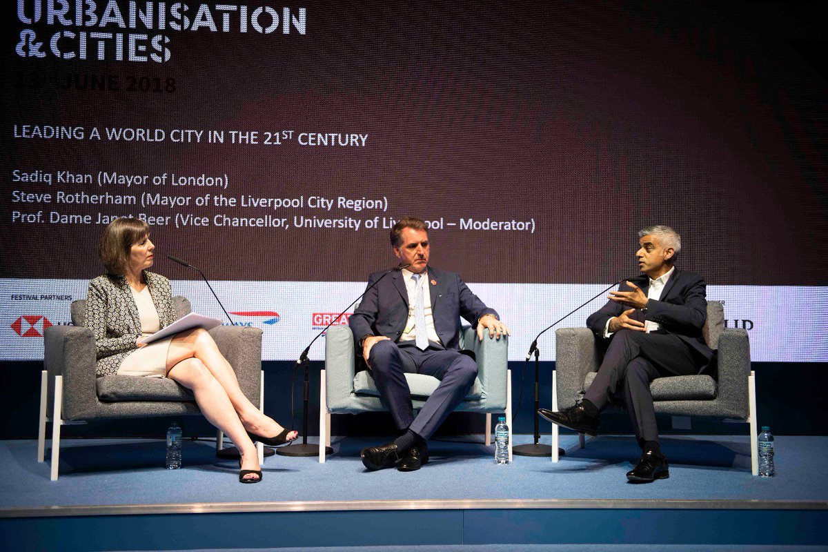MayorofLondon's tweet photo. Good to speak at @TheBusinessFest in Liverpool today with @MetroMayorSteve &amp; Dame Janet Beer on how we’ll work with regional Mayors &amp; city leaders to help boost economic growth across the country. https://t.co/oblKTUVzGL