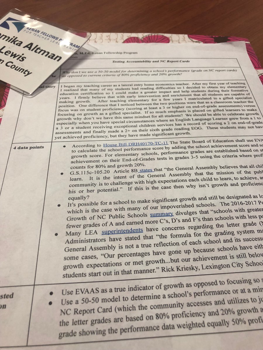 prettysqueaky's tweet photo. Day 2 and my one-pager is official! Dear legislators why don’t we use a 50-50 model for determining a school’s performance as opposed to current criteria of 80% proficiency and 20% growth? #edpolicy18 @kenanfellows https://t.co/f5rgKTQsVt