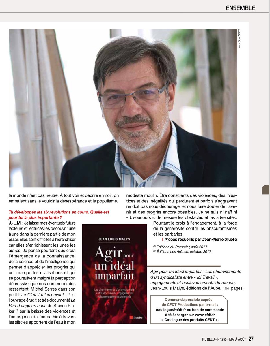 jlmalys's tweet photo. Pour ceux que ça intéresse, voilà l’interview à propos de mon livre « Agir pour un Idéal Imparfait » publié aux @EditionsdelAube. Il est paru dans FIL BLEU, le bulletin national de la @UCRCFDT. Merci à eux et à @jpdruelle https://t.co/ndvV657IwP