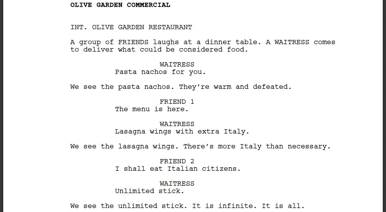 Olive Garden Commercial Script Baaz