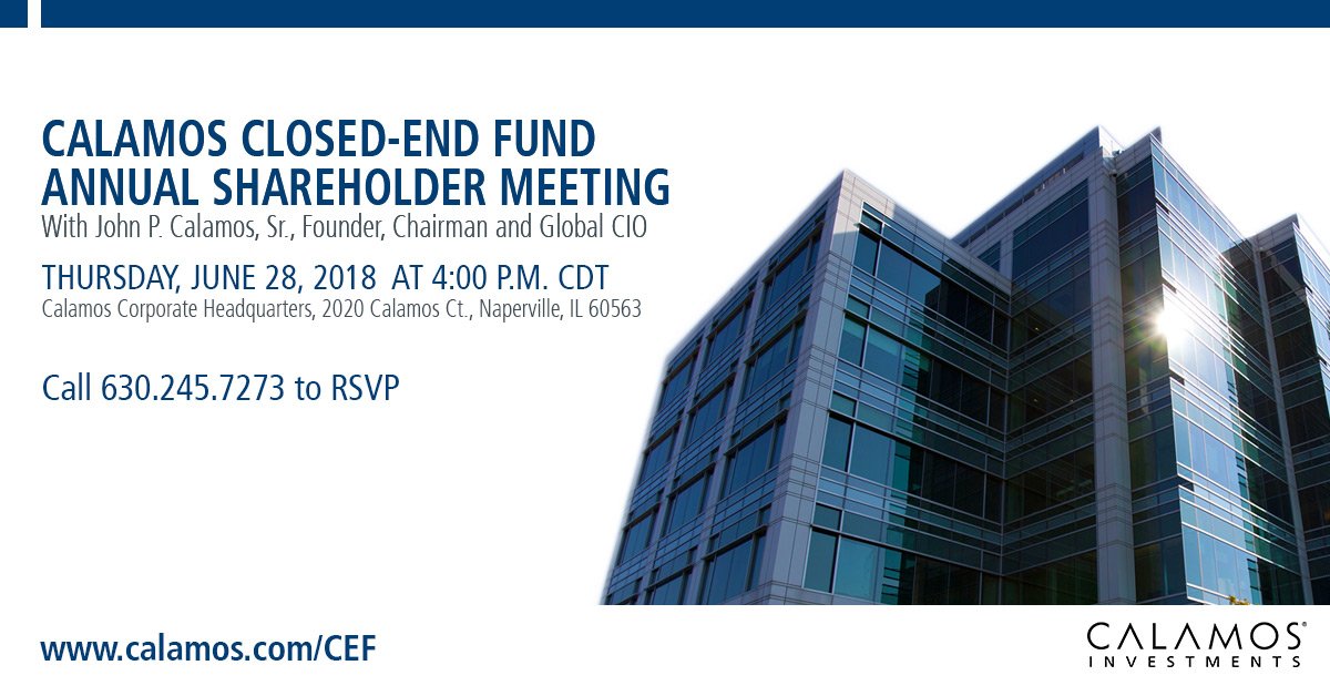 Calamos's tweet image. Chicago-area #advisors: #MICUS is over but you’re invited to another event: Hear our founder @JohnPCalamosSr at our annual closed-end fund meeting June 28 #CEFs