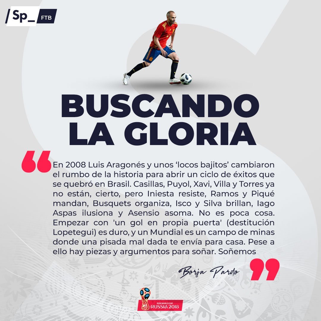 SpheraSports's tweet photo. 📝🇪🇸 La opinión de @Borja_Pardo sobre España. ¿Crees que hay razones para soñar con la segunda estrella? #Rusia2018 https://t.co/Q9Wr3JYzSt
