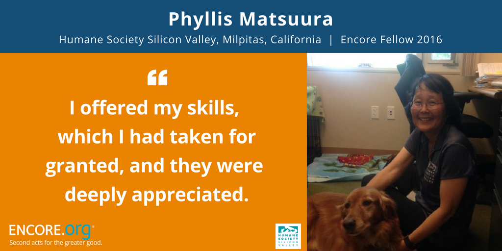 Co_Generate's tweet photo. After 34 years at Hewlett Packard, Phyllis Matsuura leveraged her IT project management skills @hssv as an #EncoreFellow. She says, "I’m at the heart of operations for an organization whose mission I so passionately support." ♥️ Read her #encorestory. https://t.co/nIZgyF8kR3 https://t.co/3knnujUiX6