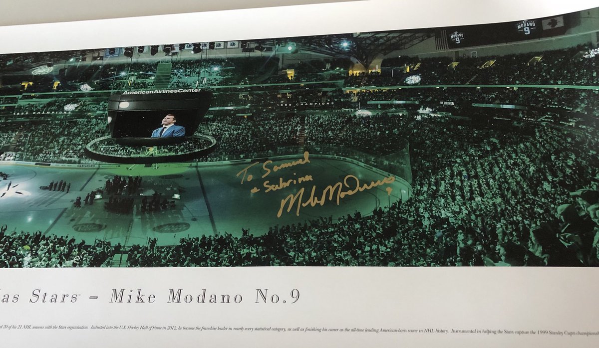 bqaggie's tweet photo. My wife & I received our @DallasStars panoramic from #Retiring9 night signed by @9modano during @frozen_pond 25th Anniversary!! It’s absolutely beautiful!! Thank you so much Hersh & Mike! This is extra special considering we shared the night with you! Beautiful! @MrPond ⭐️✍🏻 https://t.co/GAblPDluYU