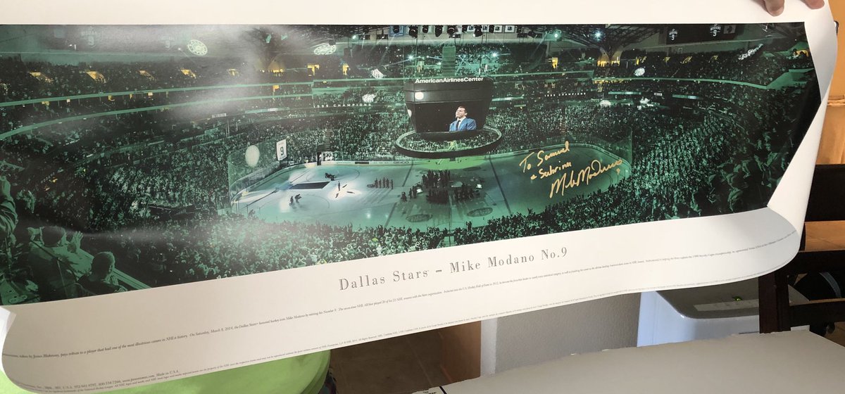 bqaggie's tweet photo. My wife & I received our @DallasStars panoramic from #Retiring9 night signed by @9modano during @frozen_pond 25th Anniversary!! It’s absolutely beautiful!! Thank you so much Hersh & Mike! This is extra special considering we shared the night with you! Beautiful! @MrPond ⭐️✍🏻 https://t.co/GAblPDluYU