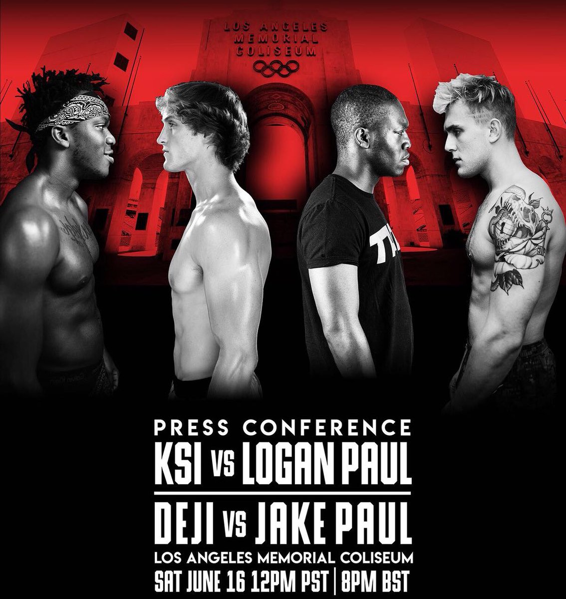 jakepaul's tweet photo. Press conference this Saturday💪🏼Me vs. boob man &amp; Logan vs. stanky bandana🙈tune in on YouTube live @ noon PST, or if you’re in LA you can come watch in person &amp; support the Paul’s for free!! See y’all then🔥 DEJI THIS IS THE WORST MISTAKE YOU’VE EVER MADE IN YOUR LIFE😂 https://t.co/wsfwX71JkU