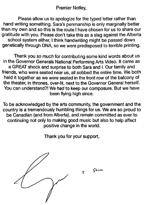 I'm just so darn proud of @TeganAndSara, two Albertans who received a #GGAward for Performing Arts earlier this month.🥇

You're fierce outspoken women who encourage us all to be proud of who we are, and who we love.🌈❤️

Thank you for the sweet note. 🙏
#ableg #abpoli #cdnpoli