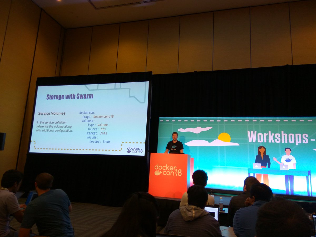 jackb0rg's tweet image. Attending session on Docker persistent storage led by @thebsdbox at @dockercon. Using NFS-backed storage for a Swarm service orchestrated by #DockerEE #dockercon