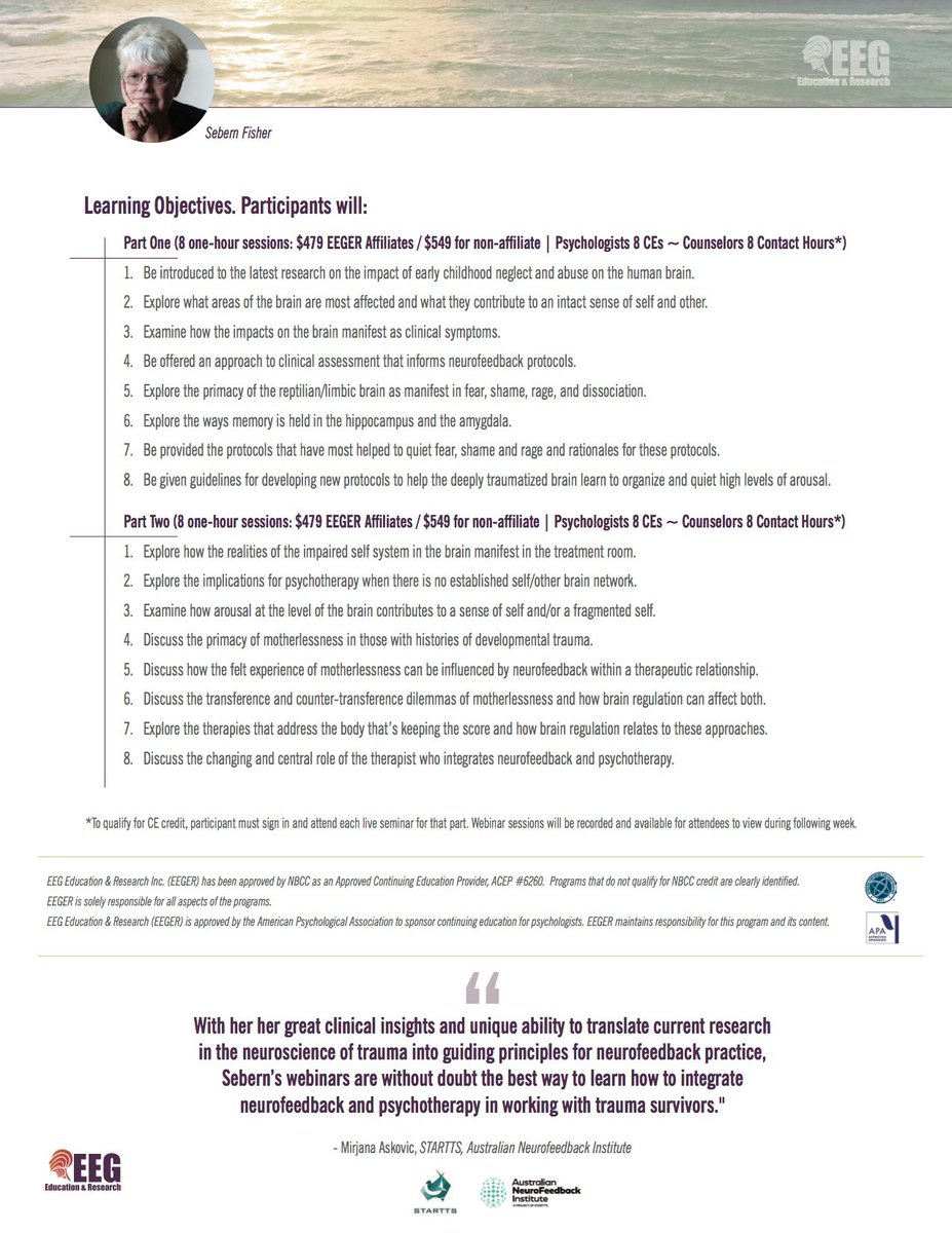 SebernF's tweet photo. Registration is now open for my new 16-week webinar series: "DEVELOPMENTAL TRAUMA: NEW THINKING, NEW TREATMENT, NEW CHALLENGES"   I hope you can join me!

To register, please email: training@eeger.com or call 1-800-789-3456 x1 https://t.co/m7NQWVRij7