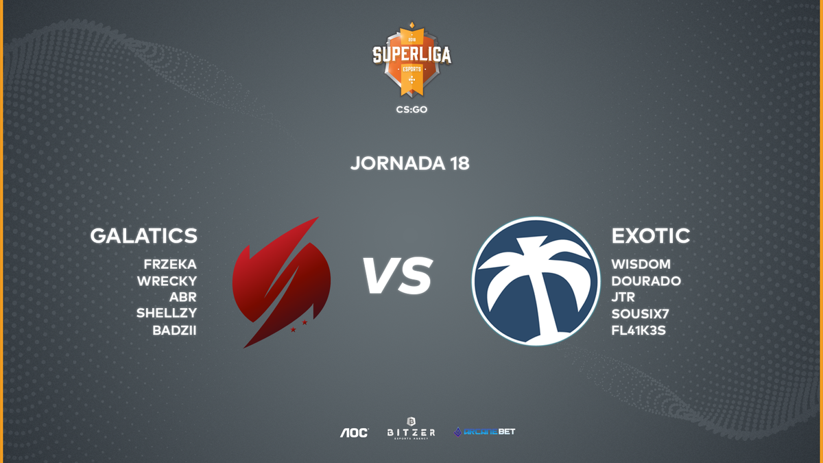 Lineups para o próximo jogo.

<a href="/GalaticsEsports/">Galatics Esports</a>
<a href="/wreckyCS/">wrecky</a>
<a href="/ABROfficialcsgo/">mrabr.bsky.social</a>
<a href="/baDziiiii/">Bell</a>
<a href="/frzekacsgo/">zezinho</a>
@shellzinho9

<a href="/exotic_gg/">exotic esports club</a>
<a href="/gsousa1904/">🧘🏼</a>
@Douradotwim
@jota_ralha
<a href="/sousix02/">Sousix7 ⚡️</a>
@Daniel2003sg

🕒 20:30
📺 bitzeresports.tv 
📢 superligaesports.com 
💎welcome.arcanebet.com/bitzer/