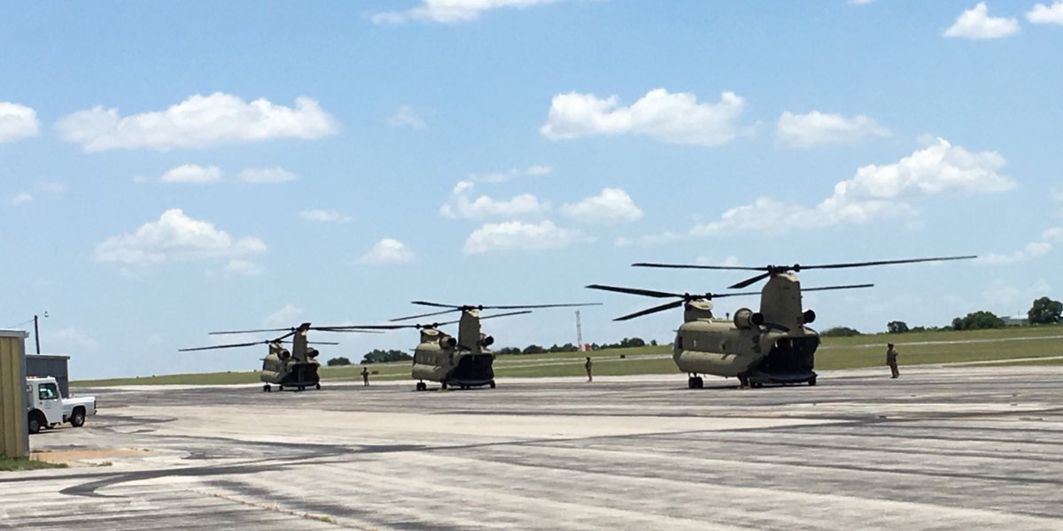 MoogAvionics's tweet photo. A few Texas National Guard CH-47 Chinooks stop by KMWL this afternoon. They must have heard about our amazing lifesaving technology in the #HeliSAS #autopilotexperts https://t.co/wIt2ZNqsVZ