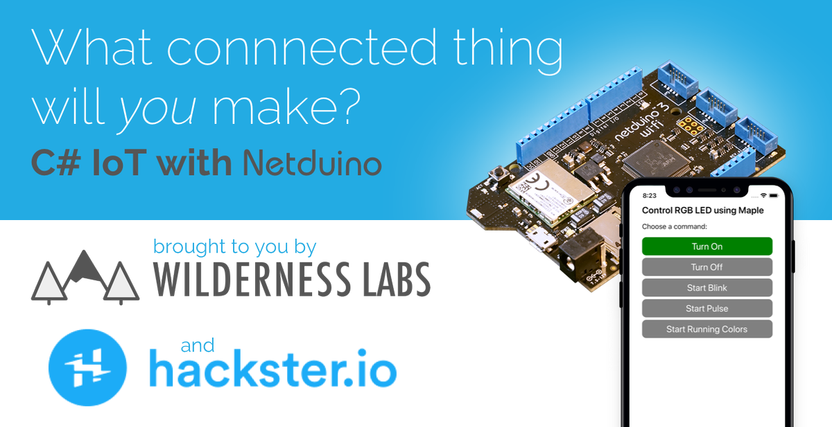 wildernesslabs's tweet image. We&apos;ve teamed up with @Hacksterio and are challenging you to jumpstart the #hardware revolution! 

Register for the @Netduino contest building connected things using C# and .NET. You can earn a FREE #Netduino for your project and win an ultimate hack kit! bit.ly/2JPS97i