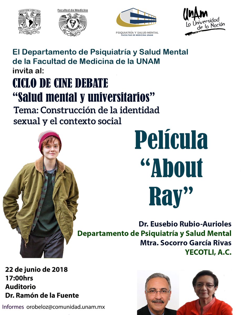 PsiquiatriaUNAM's tweet photo. El Departamento de Psiquiatría, de la Facultad de Medicina te invita a su "CICLO DE CINE DEBATE"
Trataremos el tema: "Construcción de la identidad sexual y el contexto social". Se proyectará y discutirá la película #AboutRay
22 de Junio 2018 - 17:00hrs
¡NO FALTES!
#orgulloUNAM https://t.co/w0FM7MKMfO