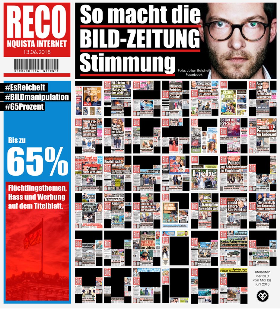 PearlFbpe's tweet photo. Deutschland geht es so gut wie nie zuvor. 

Mit einer Auflage von > 1,6 Mio. ist die @BILD die auflagenstärkste Zeitung in Deutschland. 

Deutsche schauen überwiegend depressiv in die Zukunft

Merkt ihr selber, ne ...? 

#EsReichelt 
#BildManipulation
#65Prozent 
#LügenPresse https://t.co/Rkr90GZTS7