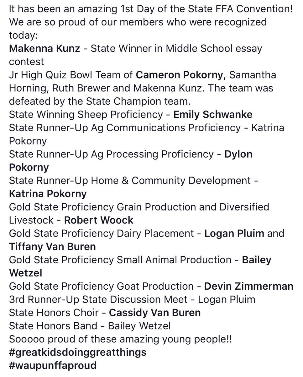 WaupunFFA's tweet photo. Waupun FFA receiving award upon award at the 2018 Wisconsin State FFA convention! 🏆Congratulations to these members. #greatkidsdoinggreatthings #liveyourwhy #icanwewill #blueandgoldstrong https://t.co/3L1iQsqUuf