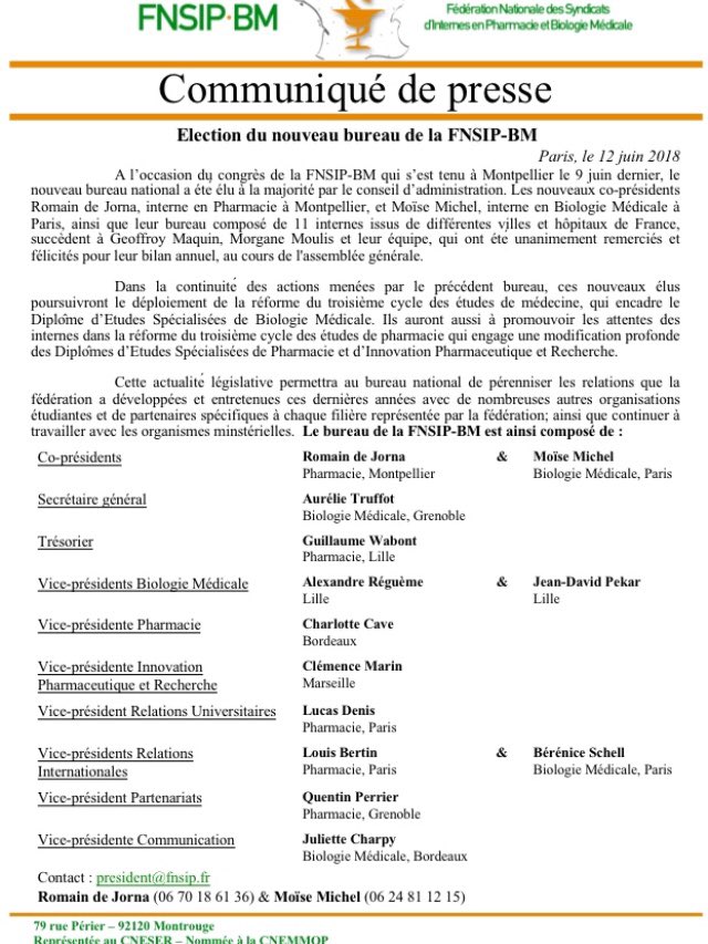 fnsip_bm's tweet photo. Communiqué de presse : Élection du nouveau bureau de la @fnsip #bureau20182019
#AGMontpellier https://t.co/TMRRMNILrp