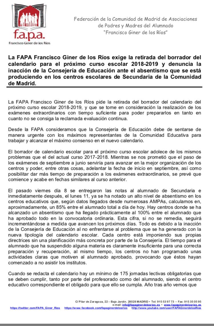 AscadeMadrid's tweet photo. @FAPA_Giner_Rios @isabelgalvin #examenesseptiembre #examenesjunio @ComunidadMadrid @CSIFENSEMADRID @R_vanGrieken los padres no están de acuerdo, los profesores tampoco... los niños no van a clase y no aprueban en 2 semanas... qué más hace falta? https://t.co/XbjrlbWo0F