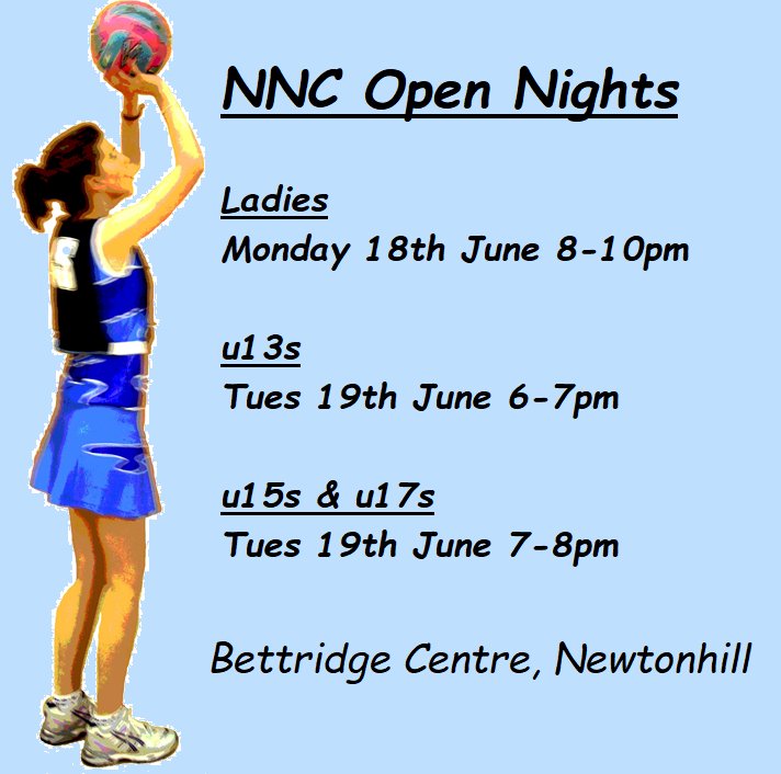 NNC is on the look out for new members for their senior and junior teams. We are be hosting open nights next week for people to come along and give it a go! The session times are detailed below and are free of charge. For further info email info@newtonhillnetballclub.org.uk