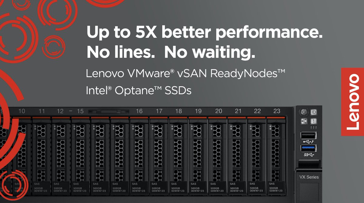 VMware_Partners's tweet photo. @VMware, @lenovo, and @intel have joined together to solve ✍ the real issue limiting the performance of #virtualapplications – #storage. Discover what customers can expect with these brand new #Lenovo #vSAN ReadyNodes with #Intel Optane #Technology https://t.co/k2ur7iUhJN https://t.co/feCjeMl9Yb