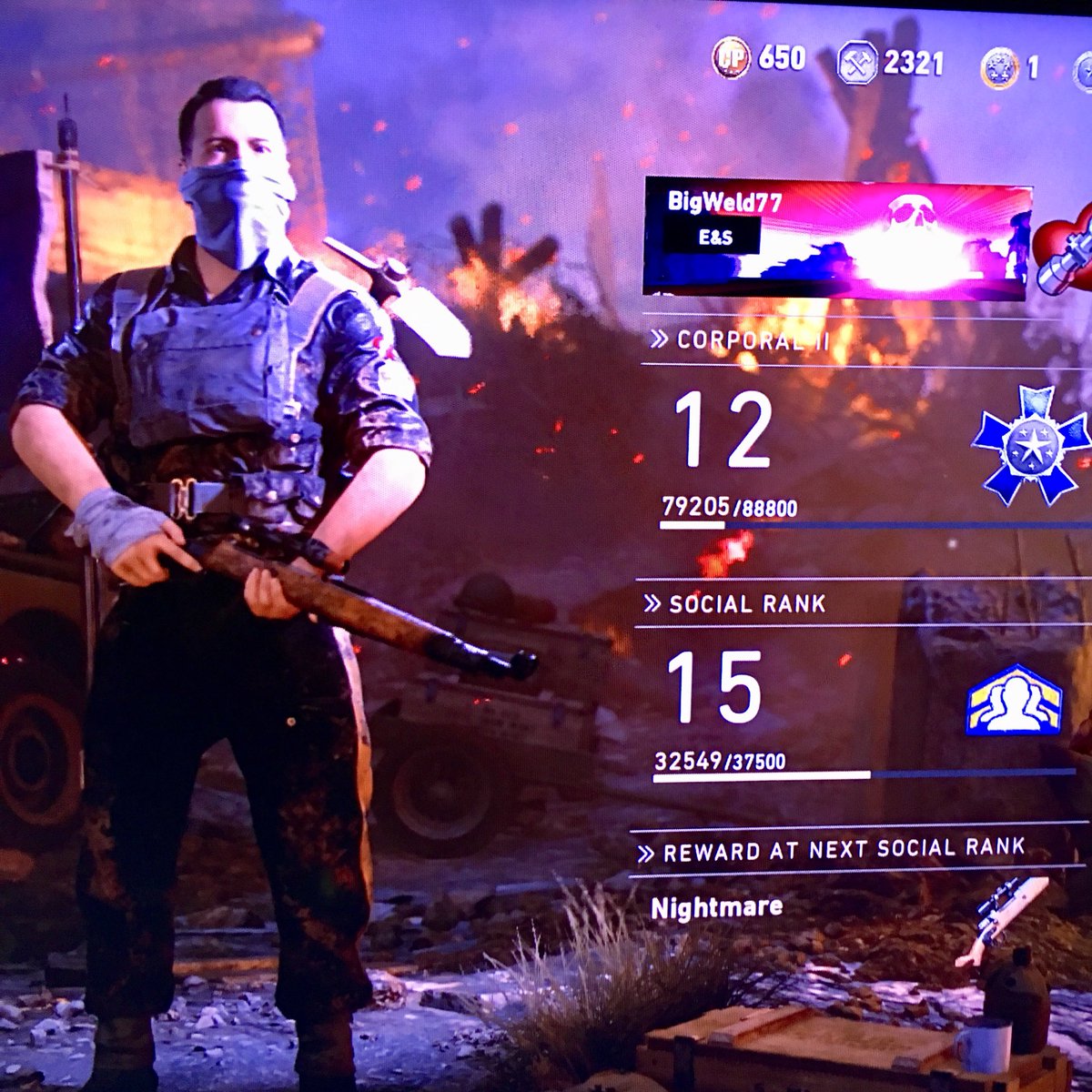 daddysrule77's tweet photo. @eColiEspresso a quick question: what happens if the a player already has the reward for a social rank? Just realized I’m in this situation. Please note my character already holding “the Nightmare” Kar98k😕 https://t.co/16SraTypvY