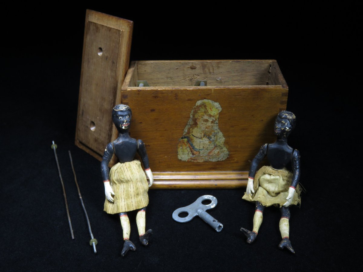 mark_toys's tweet photo. MR Toys is offering - FOR SALE - This is an early dancing automaton. The two dancers have dresses, when activated appear to dance, jointed ankles and swinging arms and legs! Tin Millikin &amp; Lawley of London plate this is marked 168 which dates it to 1872. Very nice Americana toy! https://t.co/e2HxDjcDqz
