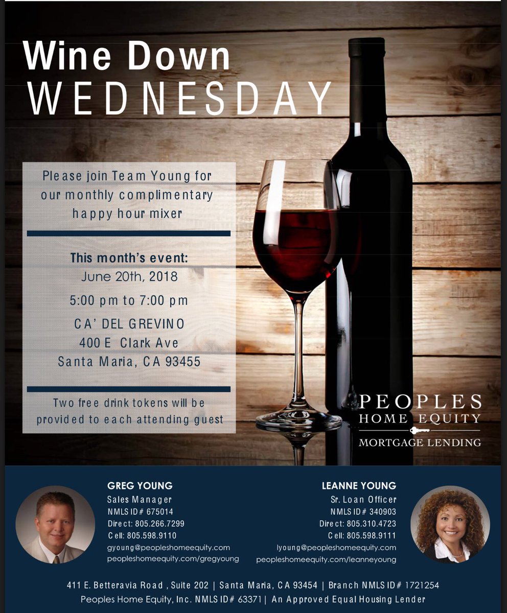 pamadkisson's tweet image. It’s back!! Next week, 6.20.18, 5-7pm, Wine Down Wednesday..a complimentary happy hour for Realtors, sponsored by People’s Home Equity Mortgage Lending ..at Ca Grevino Old Orcutt!  Mark you calendars!  #winedownwednesday #realtornetwork