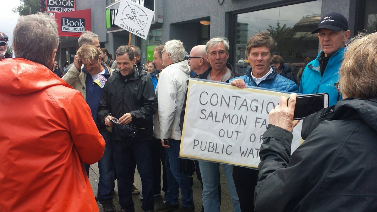 GeorgiaStraitBC's tweet photo. Over 100 people out to demand action for wild salmon in Vancouver #farmsoutnow #standupforbc #salmon #aquaculture #bcpoli https://t.co/deSh6y631z