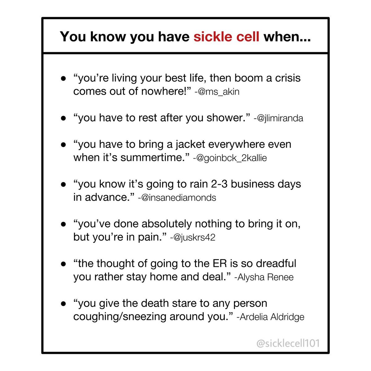 sicklecell101's tweet photo. I thought I was the only one who had to rest after a shower…
Some of our favorite responses from the  fill in the blank, “You know you have sickle cell when…” posted a couple weeks ago.

Thanks for sharing and stay tuned for more of your responses.

#sicklecell #sicklecell101 https://t.co/P7GAi7uIDr