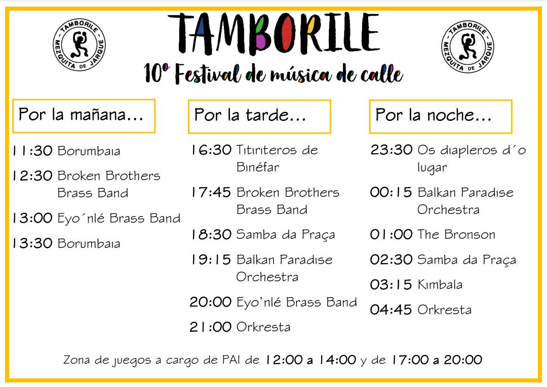 Hola tamboriler@s!!

Aquí os dejamos los horarios de esta X Edición.

¡Os esperamos!