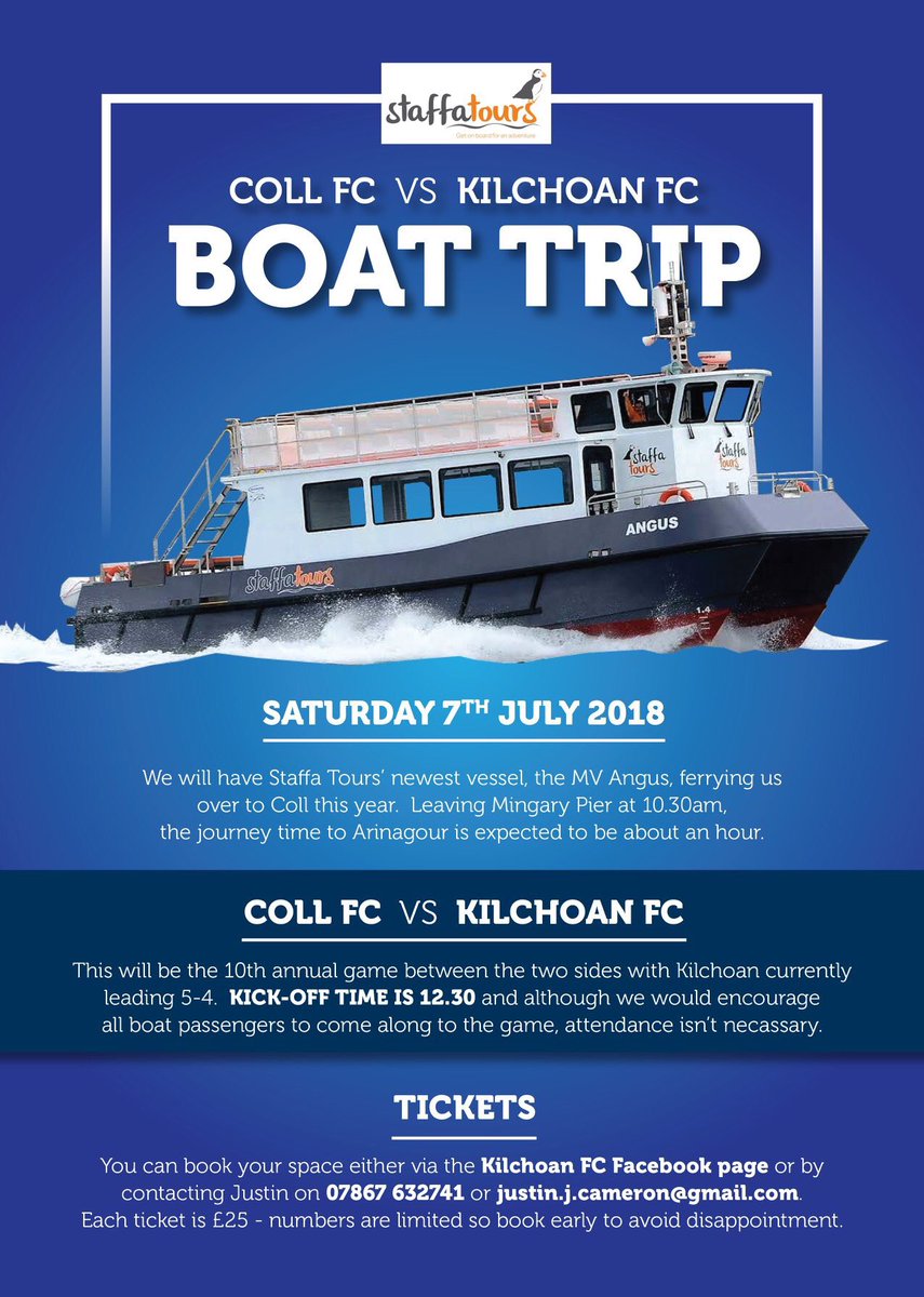 KilchoanFC's tweet photo. Our next game is the most anticipated fixture of the year vs Coll FC. We are delighted to be heading there with @StaffaTours and there are spaces available to join us on our journey. See the poster for all the details you need. Hope to see a good following come along! https://t.co/u9FXpu24yT