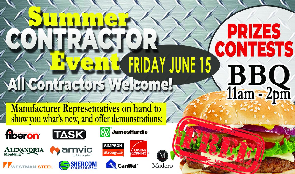 j_hbuilders's tweet photo. Join us this Friday for our Annual Contractor Appreciation Day! 11am-2pm
#BBQ #Contractors #Contests #Prizes #YourProjectStore #yxe https://t.co/pvKiHaKyhn