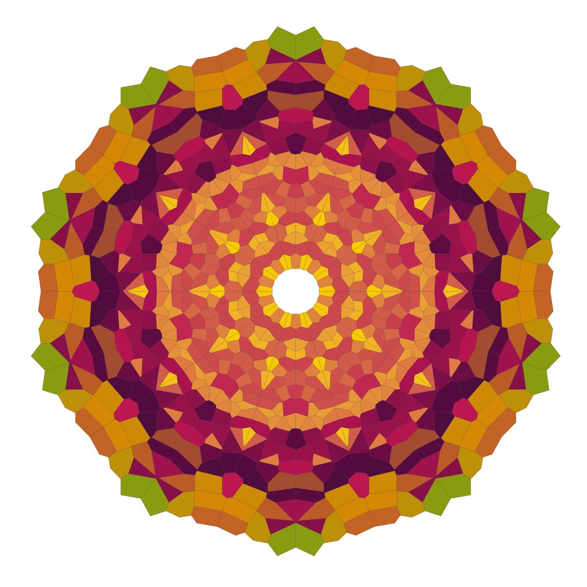 aschinchon's tweet photo. 1. Sitúa unos puntos en una circunferencia
2. Sitúa unos puntos alrededor de los puntos anteriores
3. Repite el paso 2 n veces
4. Obtén las regiones de Voronoi de los puntos resultantes
5. Coloréalas
Resultado: Mandalas molongos
https://t.co/b7Z8wDsAKy #ggplot2 #rstats #maths https://t.co/tZ9yKKHcWp