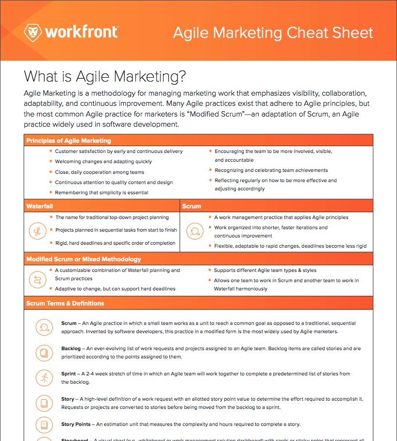 RaeDuplain's tweet image. For any marketers trying to learn the language of Agile, I put a cheat sheet together for you! $Free.99! #agilemarketing #marketing #mktg workfront.com/sites/default/…