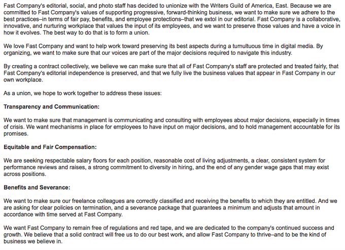 saraziff's tweet photo. As someone who made @FastCompany’s list this year, I stand with the editorial, social, and photo staff in their call for @FastCoUnion. Onward and upward! #FastCoUnion https://t.co/0Cqa0CrmqQ