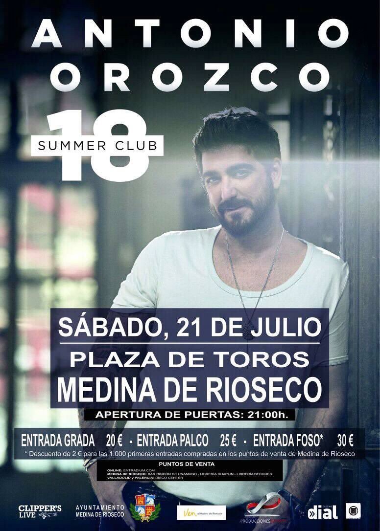 #SUMMERCLUB18 #AGENDA
🎙ANTONIO OROZCO 
🌍 MEDINA de RIOSECO - VALLADOLID
📅 21 JULIO

<a href="/antoniorozco/">Antonio Orozco</a>