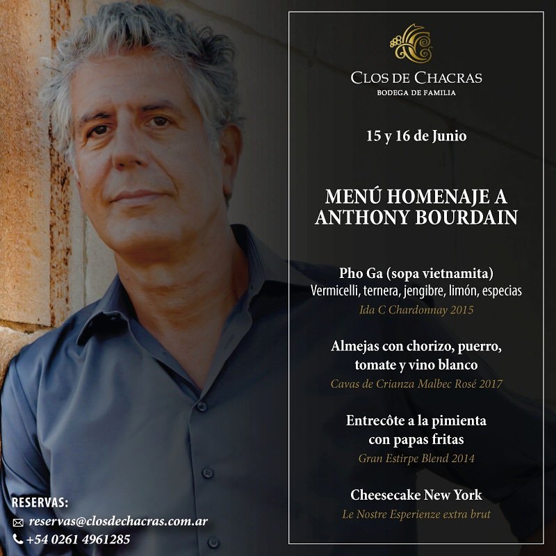 ¡15 y 16 de junio: Menú homenaje a Anthony Bourdain! Diseñamos un menú de 4 pasos basado en su amor por la cocina de diferentes pueblos y en algunas de sus célebres recetas.
✔️ Disponible para almuerzo y cena
📱📧Reservas: +5402614961285 / reservas@closdechacras.com.ar