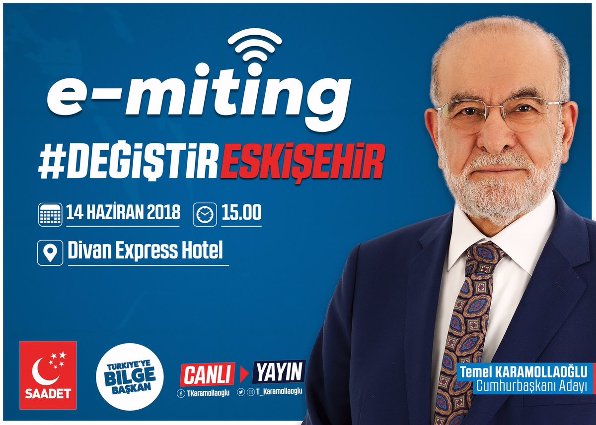 Cumhurbaşkanı Adayımız Temel Karamollaoğlu, Eskişehir'de düzenleyeceği e-miting’te sosyal medya üzerinden soracağınız sorularınızı yanıtlayacaktır.
Soru ve mesajlarınızı #TemelBaşkanaSoruyorum etiketi ile paylaşabilirsiniz.
•e-miting 15.00’de başlayacaktır.