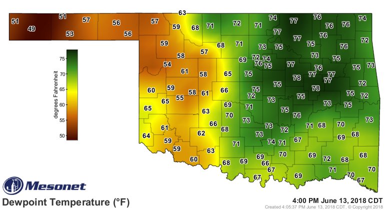 emilyrsutton's tweet photo. Dew points in the upper 70s in eastern OK?! You’re practically underwater!!! 4PM @kfor #hotklahoma #okwx #undathesea https://t.co/OAM5f2z8hN