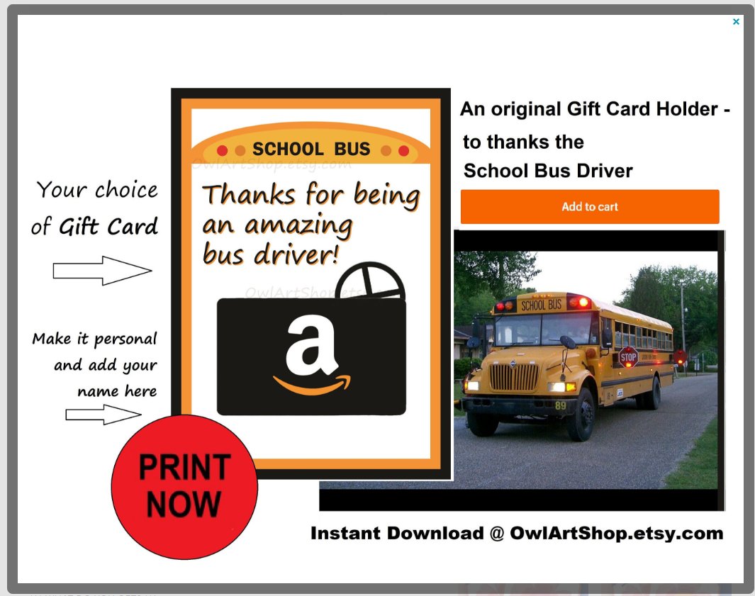 OwlArtShop's tweet photo. Looking for a gift for your school bus Driver? A gift card with an original gift card holder #thanks #DIY #printable instant download, https://t.co/Gc2V6hBJnB  via @Etsy #schoolbus #lastdayofschool #IntegrityMaDay #specialt  @HyperRT @LegendaryReTs https://t.co/v5XfLCxpA7