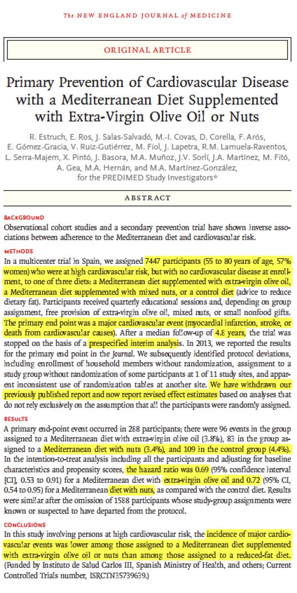 EricTopol's tweet photo. The Medterranean diet, with nuts or olive oil supplementation reduces adverse heart outcomes compared with a low fat diet
 https://t.co/81PwCIkHbJ @NEJM
40% on statins, primary prevention, high-risk patients, RCT re-analysis https://t.co/d8ZAYF2fAB