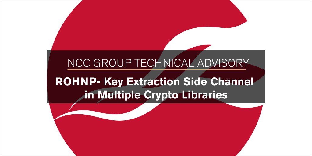 NCCsecurityUS's tweet photo. TECHNICAL ADVISORY: We've discovered an implementation flaw in multiple #crypto libraries that allow a side-channel based attacker to recover ECDSA or DSA keys. Affects: #LibreSSL #NSS #OpenSSL #WolfCrypt #Botan #Libgcrypt #BoringSSL
https://t.co/W3LRqTv5lt https://t.co/Ey82OFMLwB