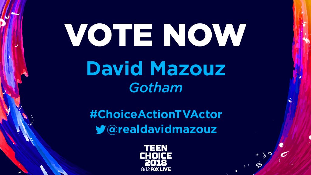 Gotham's tweet photo. The power is in YOUR hands — RETWEET to vote for @realdavidmazouz as this year's #ChoiceActionTVActor at the #TeenChoice Awards! 🦇🦇🦇 #Gotham https://t.co/Rv2H0ULrpM