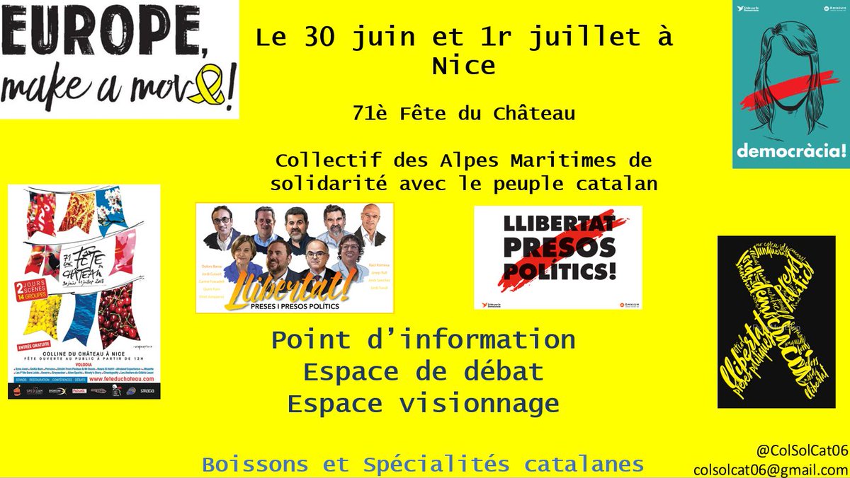 Le 30 juin et le 1r juillet <a href="/colsolcat06/">Collectif 06 de solidarité avec le peuple catalan</a> sera à la Fête du château de #Nice. Venez nous rendre visite! :D Point d’information, espace de débat, espace visionnage, boissons et spécialités catalanes <a href="/assemblea_int/">Assemblea International</a> @roserppcc @colsolcat83 <a href="/withcatalonia/">WithCatalonia</a> <a href="/Foreign_Cat/">Foreign Friends of Catalonia🎗</a> <a href="/CorsicaCatal/">Sulidarità Corsica Catalunya</a>