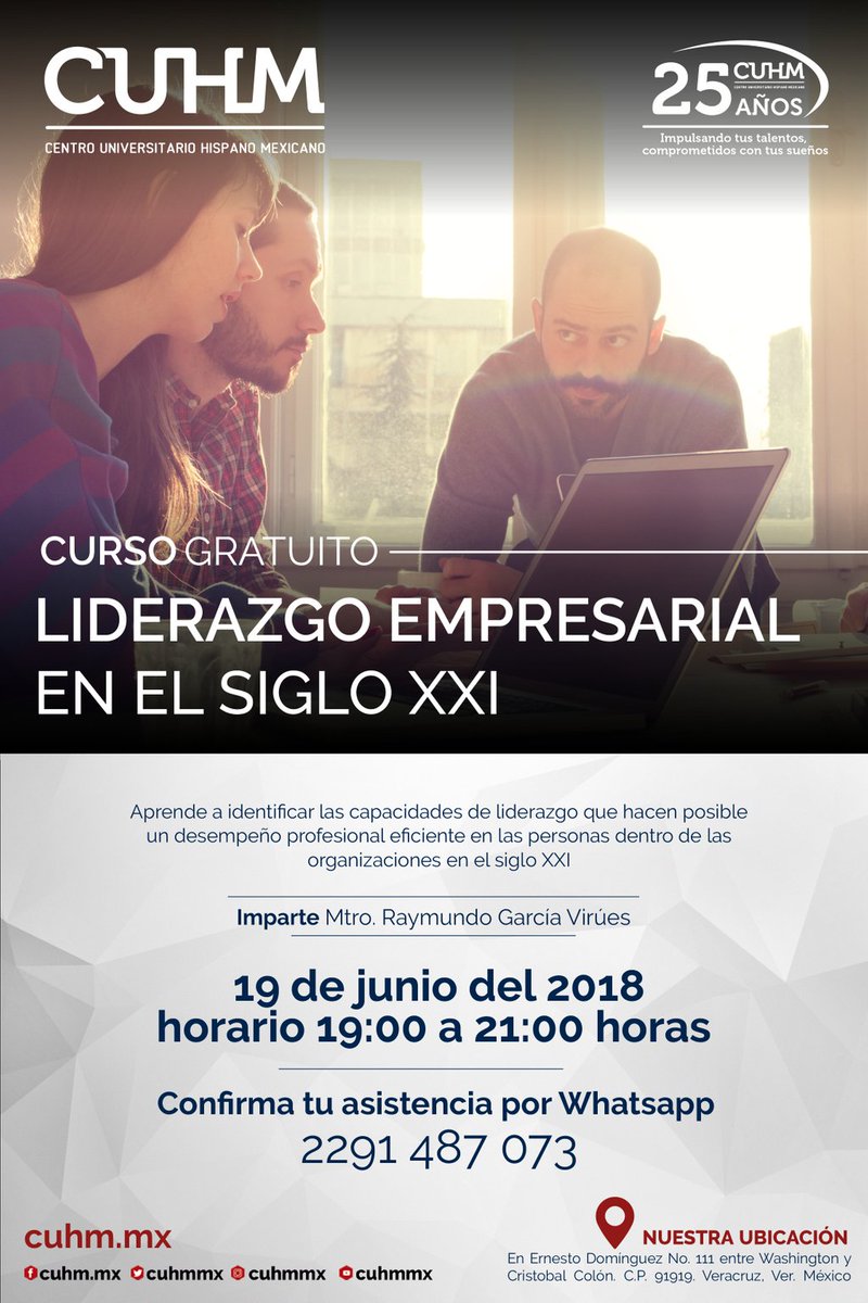 cuhmmx's tweet photo. Nuevo curso gratuito en el CUHM "Liderazgo Empresarial en el siglo XXI"
🗓 martes 19 de junio 2018 🕔 19:00 a 21:00 horas
✅ Confirma tu asistencia por Whatsapp 2291487073.
✅ Se entrega constancia a los participantes.
#EligeCUHM #25años #ImpulsaTusTalentos #cursos https://t.co/hJDIvCam1W