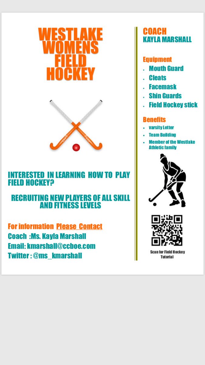 Westlake’s Field Hockey Team is looking for players ... please contact me for information #wewantyou #fall2018