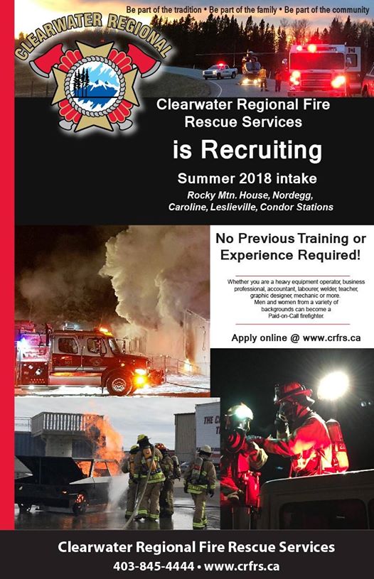 <a href="/ClearwaterRFRS/">Clearwater RFRS</a> is recruiting paid-on-call firefighters! To apply, visit crfrs.ca for more information. #Recruiting #firefighters #careers