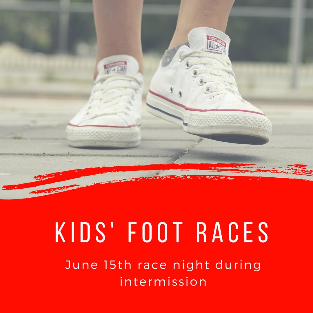 The foot races are back! This Friday we will be having the kids’ foot races on the track again during intermission. We will separate them by age group and the winner in each age group will win a coupon for a free hot dog and soda from the concession stand!