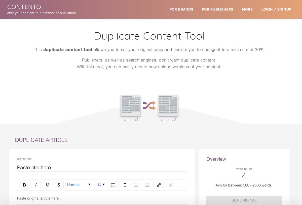nshawww's tweet photo. We built this tool at Contento for repurposing content. It helps guide you to change the copy into a new unique article. Check it out here https://t.co/UqcamLjjM8 https://t.co/KxqBfPu53c